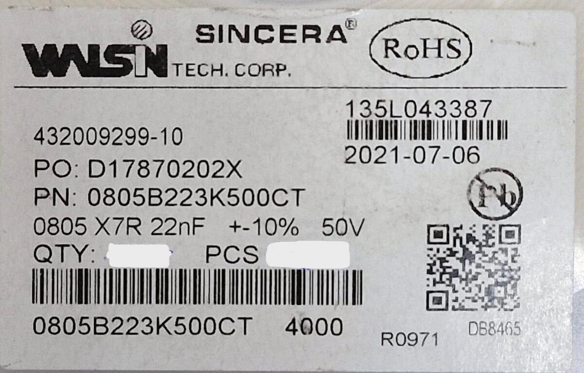 Kit com 300x Capacitor Ceramico Smd 0805 22nf 50v 10% x7r 0805B223K500CT - Imagem 3