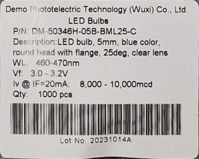 Kit com 1000x Led 5MM Azul Alto Brilho 3V 20mA DM-50346H-05B-BML-25C - Imagem 2