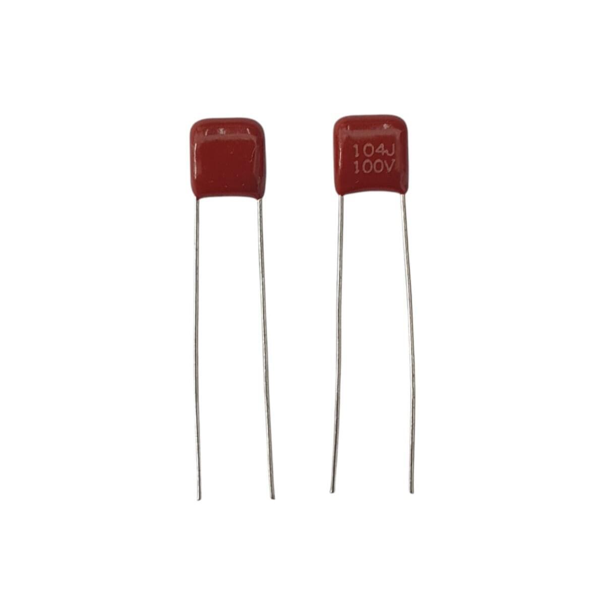 Kit com 100x Capacitor Poliéster Metalizado 100nF 100V P5mm 104J Marrom