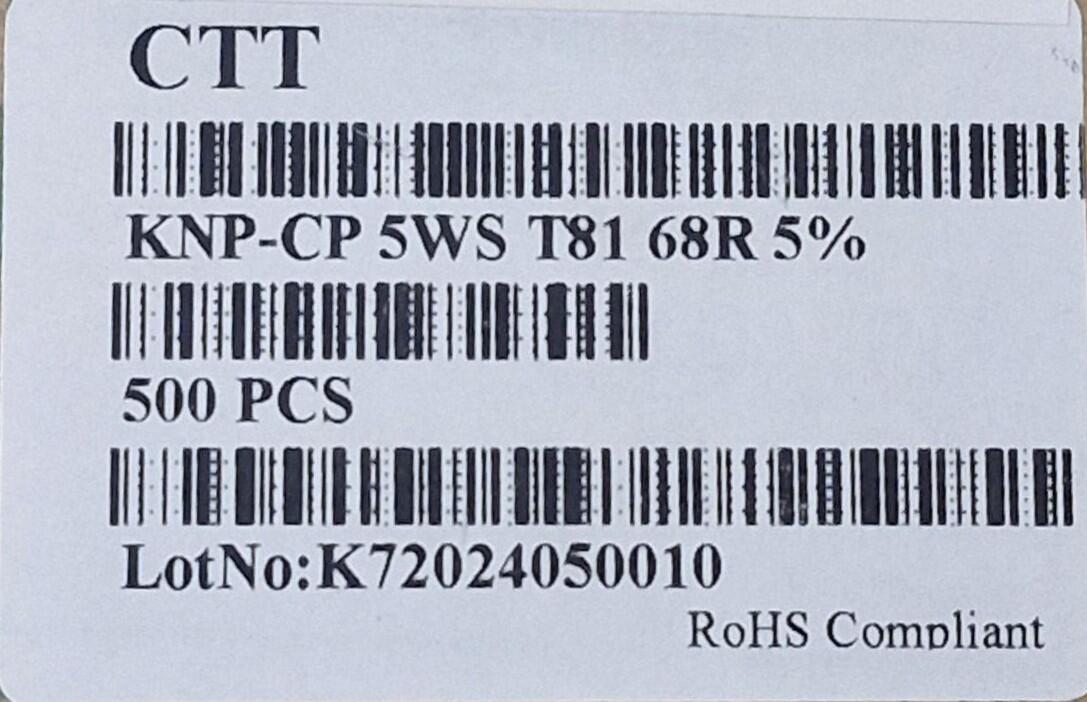 Kit com 100x Resistor AC05 68R 5W - Imagem 2