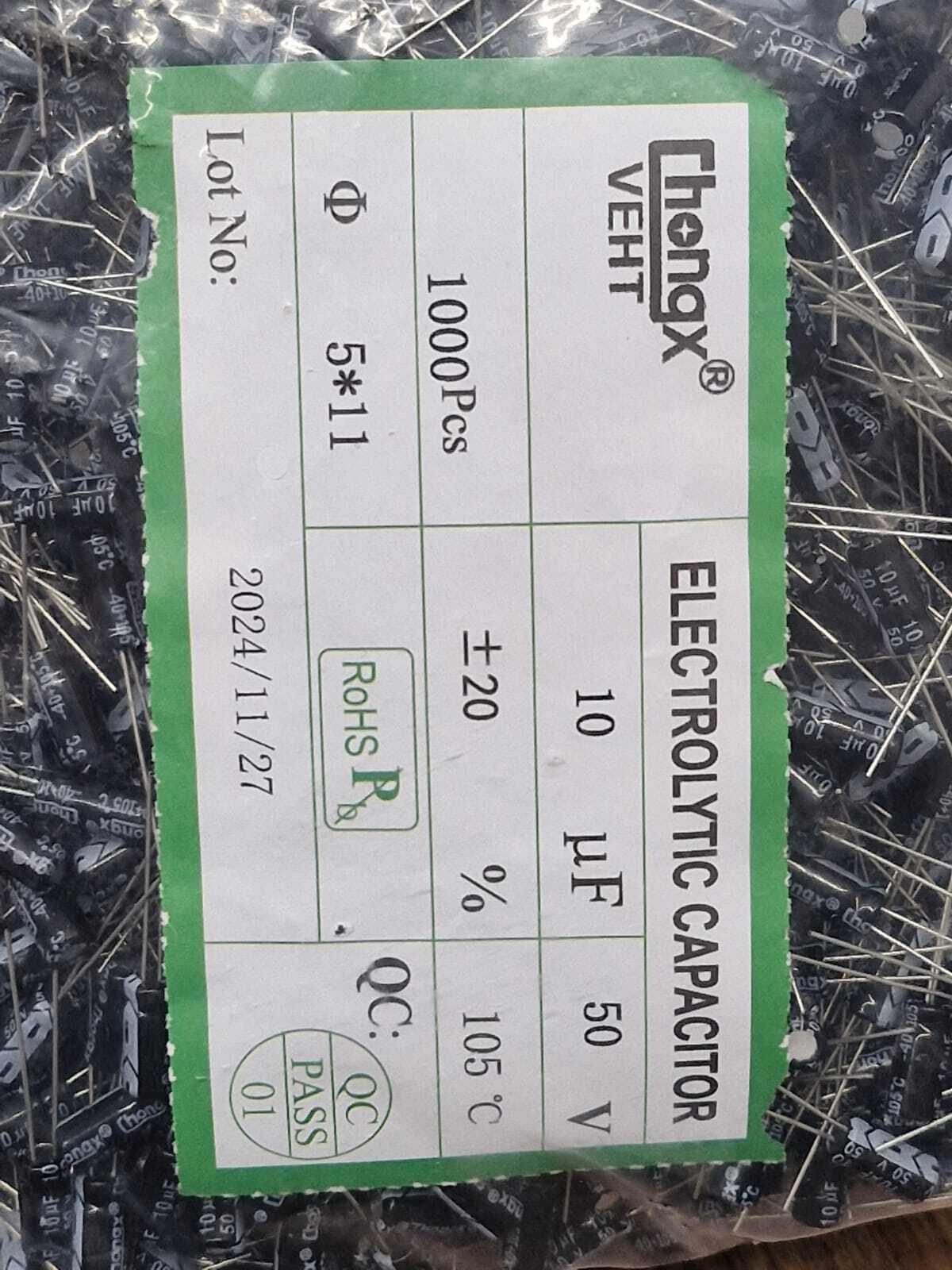 Kit com 1.000x Capacitor Eletrolítico 10uF 50V 105C Radial Chongx 5x11mm - Imagem 2