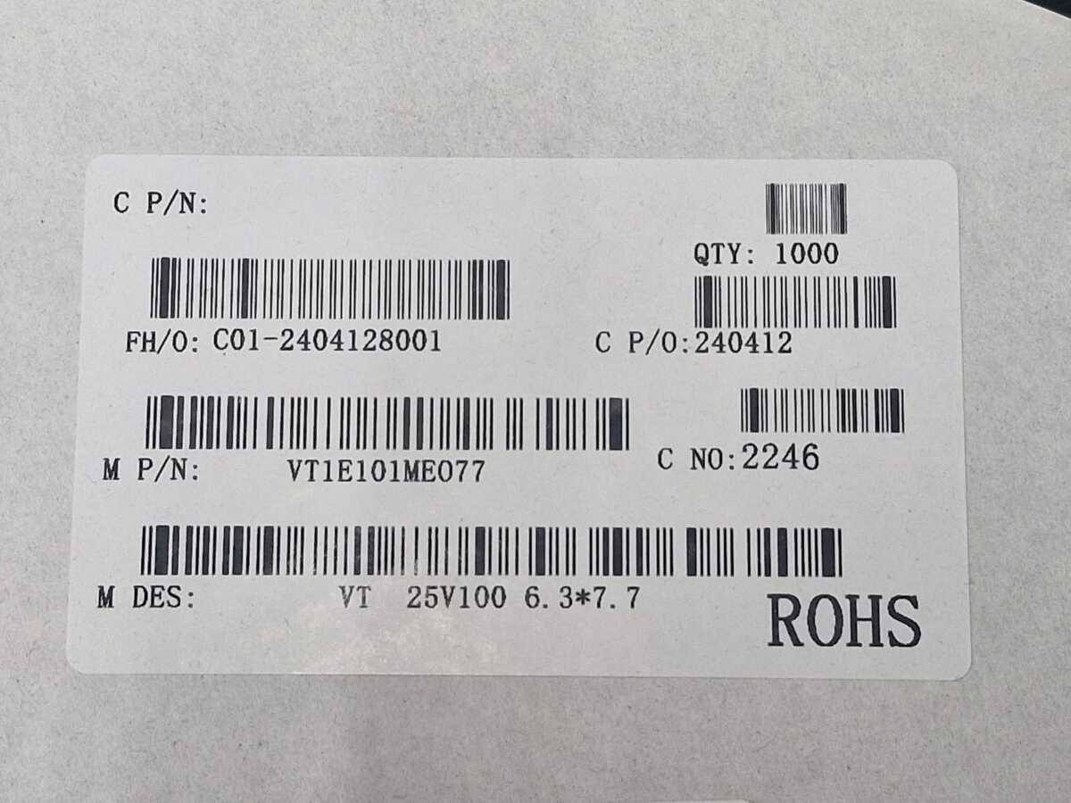 Kit com 1.000x Capacitor Eletrolítico SMD 100uF 25V 6.3x7.7mm VT1E101ME077 - Imagem 2