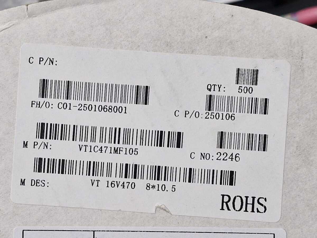 Kit com 500x Capacitor Eletrolítico SMD 470uF 16V 8x10,5mm VT1C471MF105G - Imagem 2