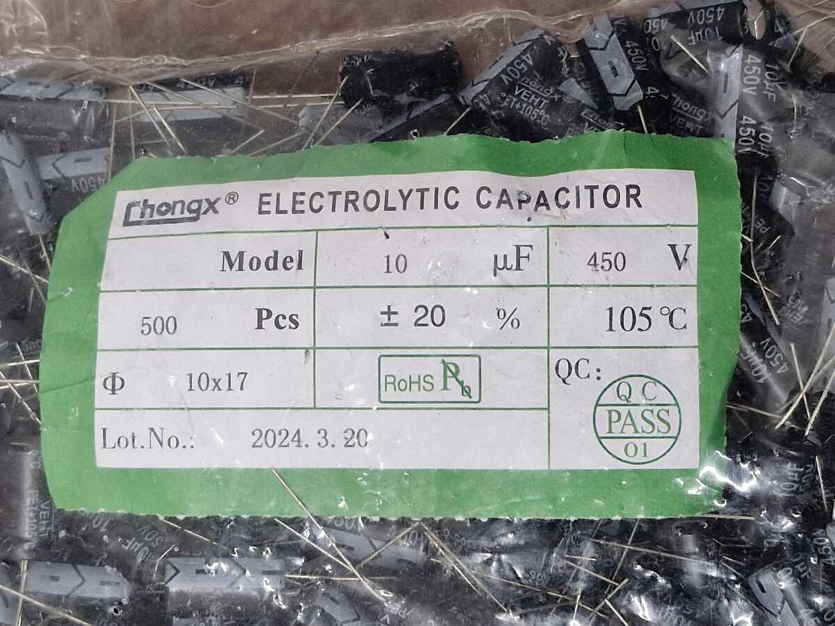 Kit com 500x Capacitor Eletrolítico Chongx 10uF 450V 105C 10x17mm - Imagem 2
