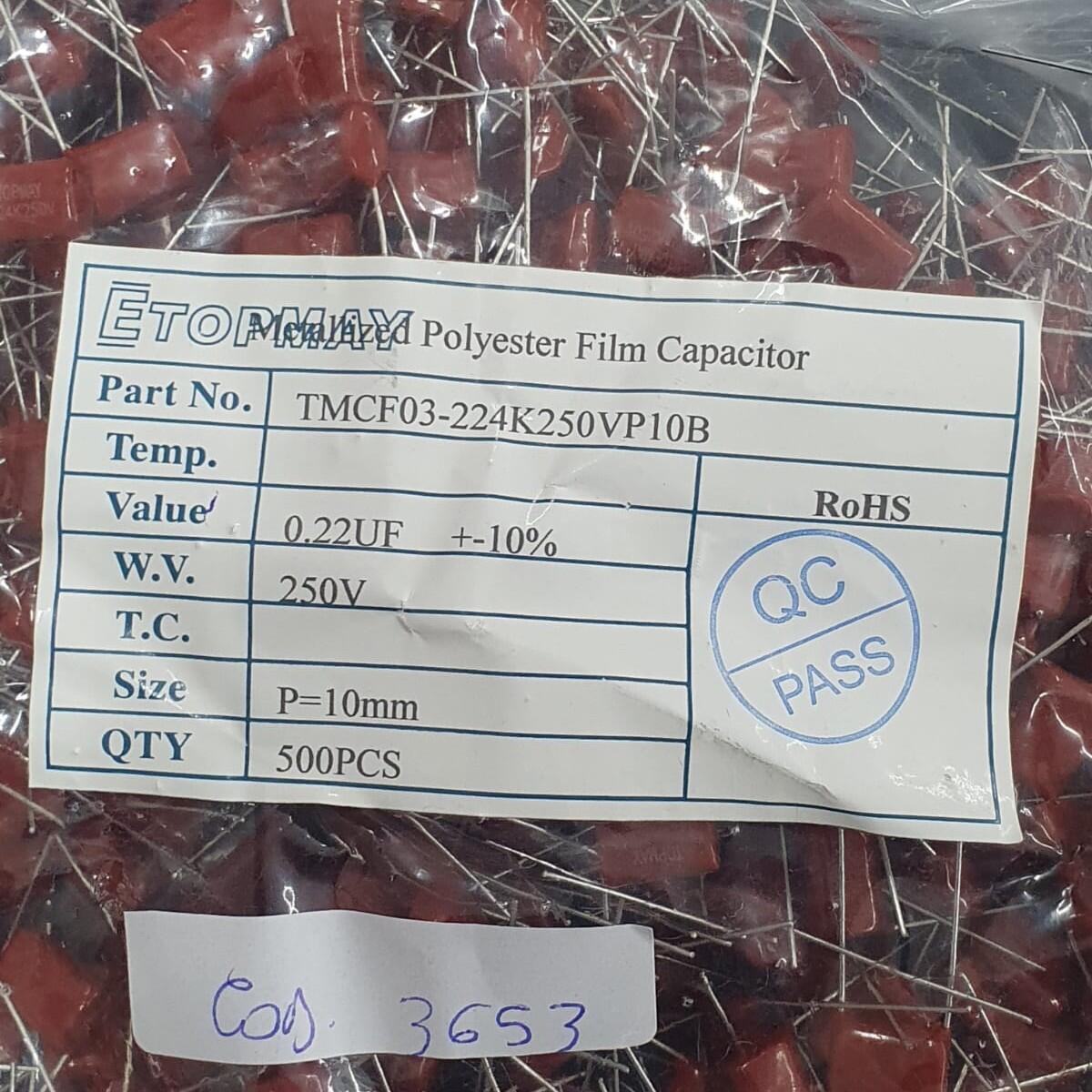 Kit com 20x Capacitor Poliéster Metalizado 220nF 250V P-10mm 224K - Imagem 2
