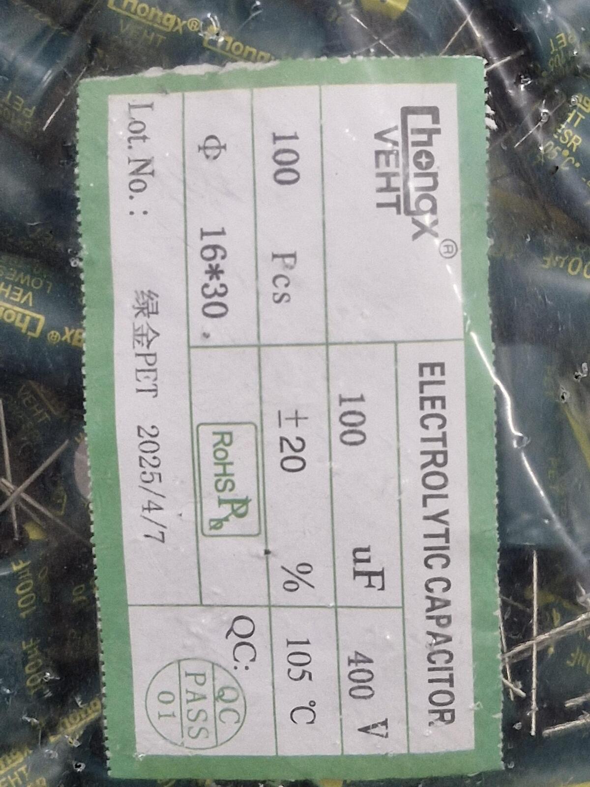 Kit com 100x Capacitor Eletrolítico 100uF 400V 105C Chongx - Imagem 2