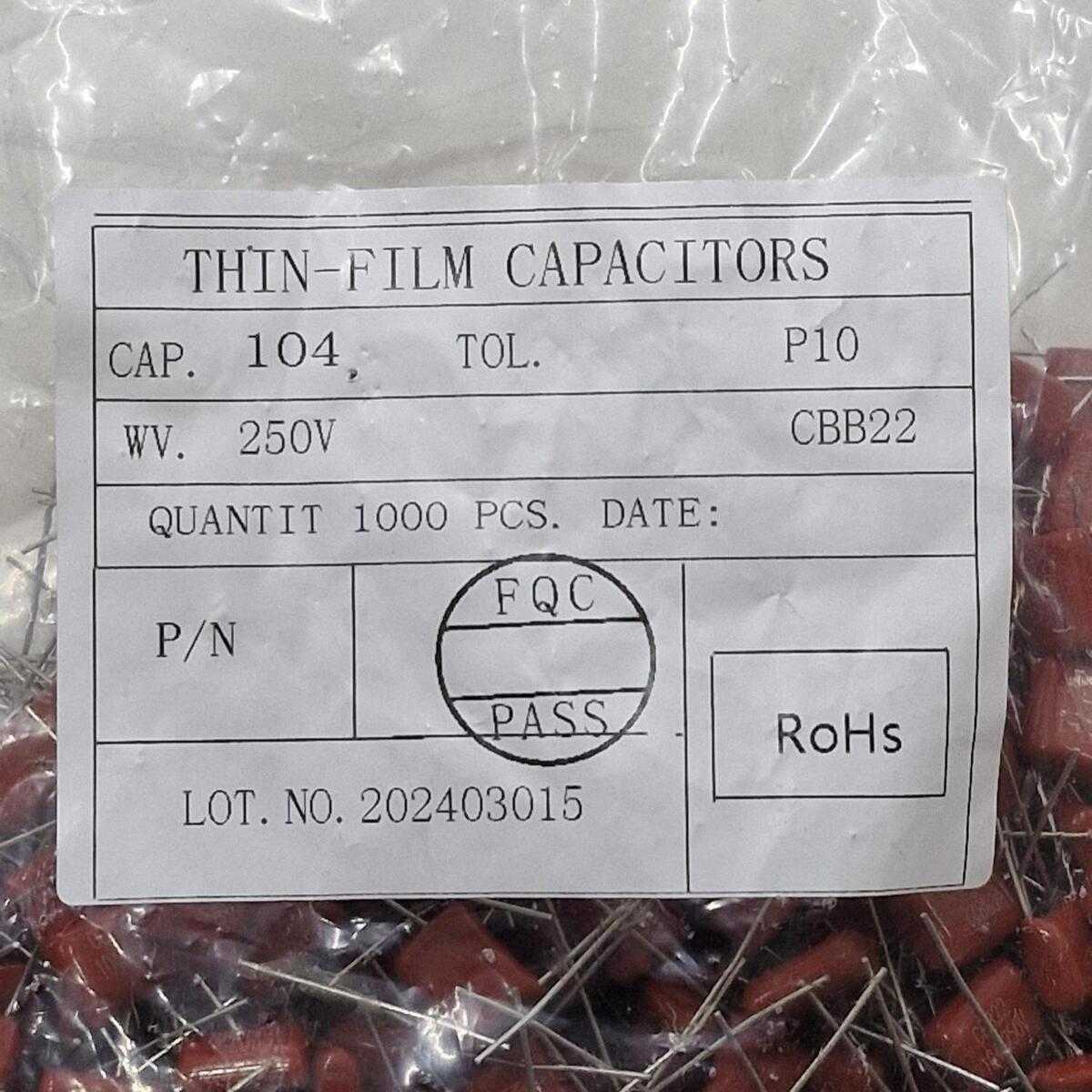 Kit com 200x Capacitor Poliéster CBB22 100nF 250V 104J Passo 10mm - Imagem 2
